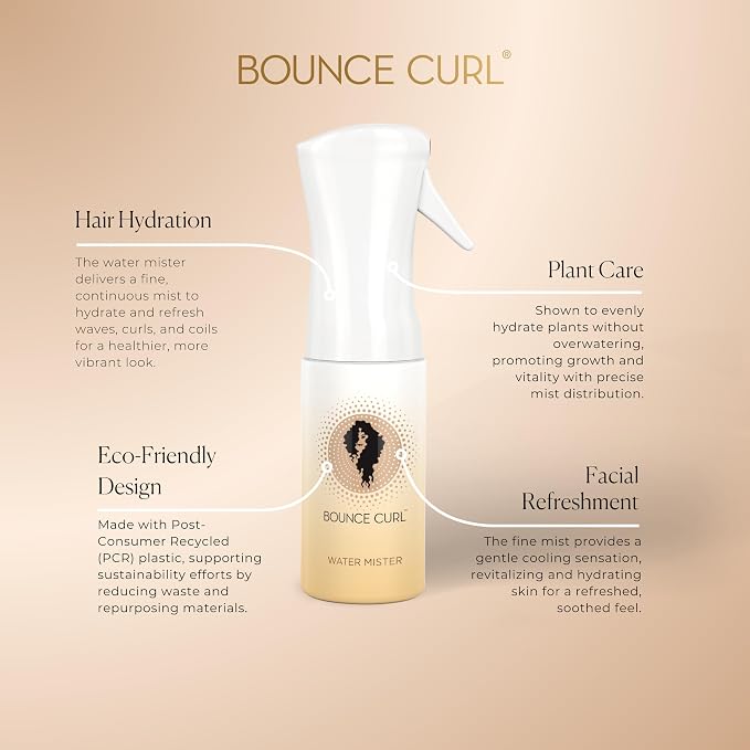 Bounce Curl Fine Mist Water Spray Bottle for Curly Wavy Natural Hair, Continuous Mist for Curl Refresh and Hydration, Wash and Go