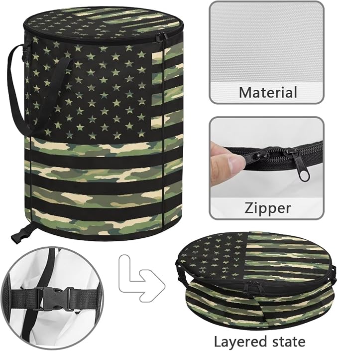 24Gal American Flag Collapsible Trash Can Camo Waterproof Pop-Up Bin w/Lid for Camping & Backyard | Leakproof Yard Waste Bag (Patriotic Decor)