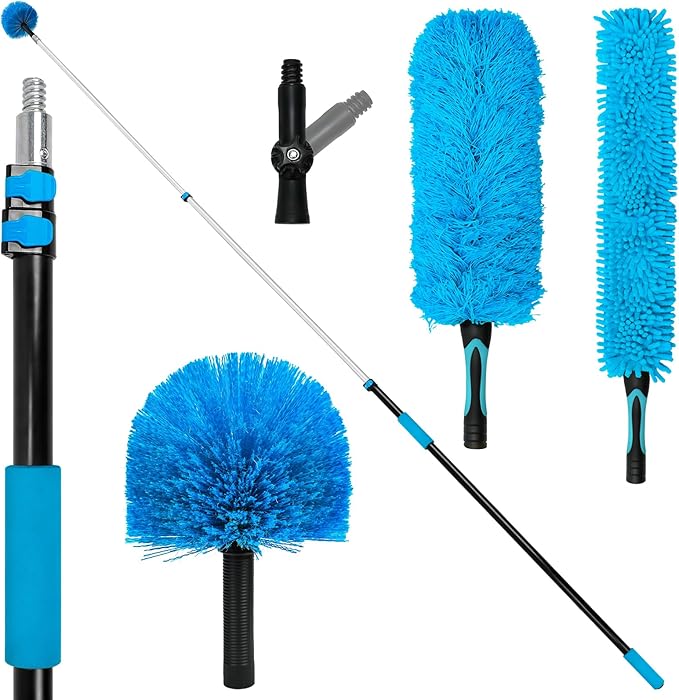 20FT High Ceiling Fan Duster with 5-12FT Extension Pole, Extendable Reusable Cobweb and Bendable Feather Duster Kit for Cleaning Spiderweb and Dust