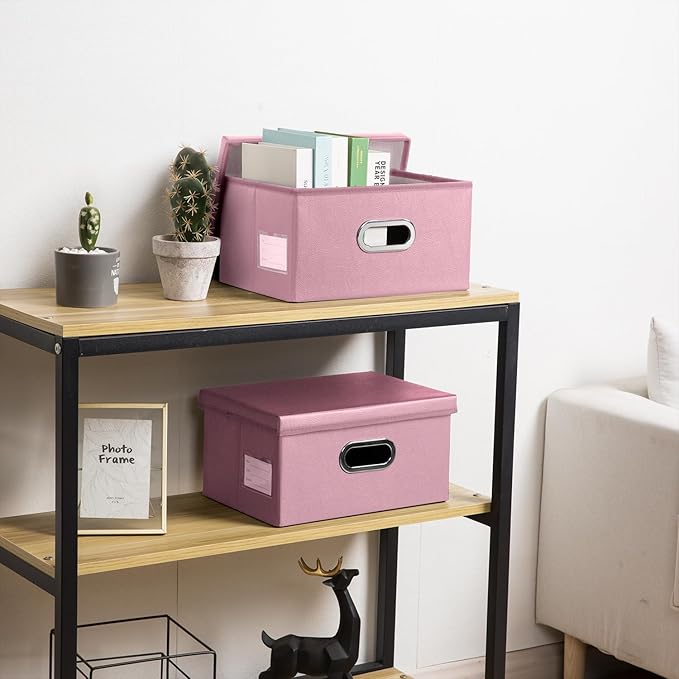 Collapsible Storage Box with Lid [3-Pack] Leather Fabric Foldable Storage Bin Organizer Container Basket Cube with Cover for Home Bedroom Closet Office Nursery Pink(13.6x9.6x6.9)