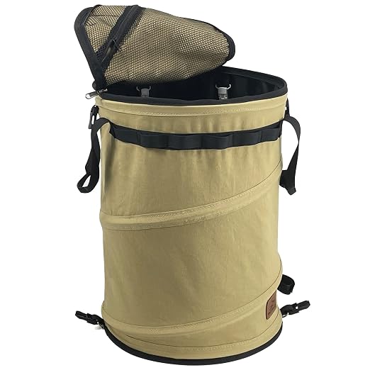 Sutekus Pop Up Storage Bin Collapsible Trash Can Recycle Container Reusable Utility Bag with Zippered Lid for Camping, Laundry, Garden (Khaki Color)