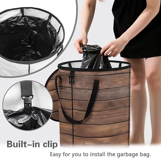 BIGCARJOB Wood Grain Collapsible Trash Can Portable Tall Trash Can Oval Recycling Bin 22.83x17.71 Outside Garbage Bin Storage Bag with Clip and Zipper Lid