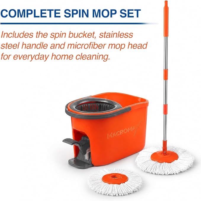 Macromax Force Spin Mop and Bucket Set with 1 Refill – Pedal-Activated Wringer System – 360° Microfiber Mop for Floor Cleaning – Ergonomic Handle – Wet or Dry Use – Hardwood, Tile & Laminate