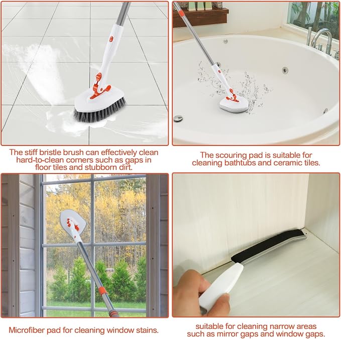 Wlich 3 in 1 Tub Tile Scrubber Brush,52 Inch Long Handle Shower Scrubbing with Locked Head, Shower Cleaning Brush for Bathroom Kitchen Toilet Wall Sink