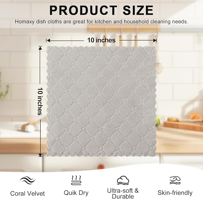Homaxy Super Soft 16 Pack Coral Velvet Dish Cloths, 10" x 10", Multi Color | Ultra-Absorbent Dishcloths, No Lint, Nonstick Oil, Fast Drying, Microfiber Cleaning Cloth