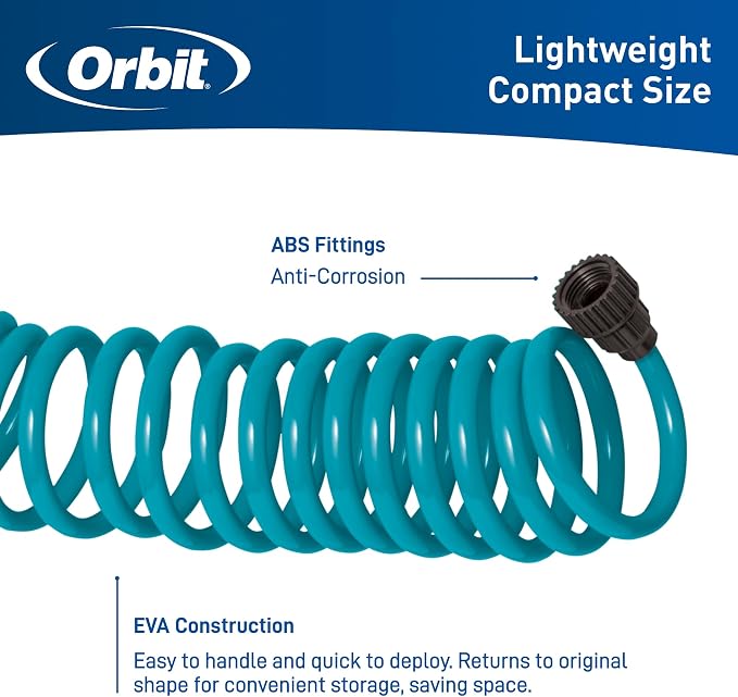 Orbit 26381 Coil Garden Hose, 25 Feet, with 8-Pattern Hose Nozzle (Blue) | Flexible Coil Garden Hose with 8-Pattern Spray Nozzle for Lawn & Garden Watering, Lightweight & Easy to Store