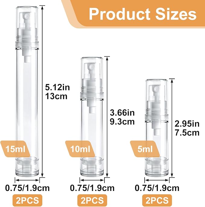 6pcs Airless Travel Spray Bottle, 5ml & 10ml & 15ml, Clear | Plastic, 360° Angle Leak Proof, Mini, Spray, Empty, Refillable for Facial Moisturizing