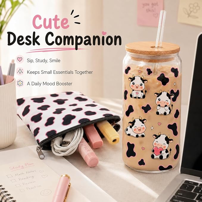 Cow Print Cup - Cow Tumbler with Lid and Straw, Cute Cow Water Bottle with Makeup Bag
