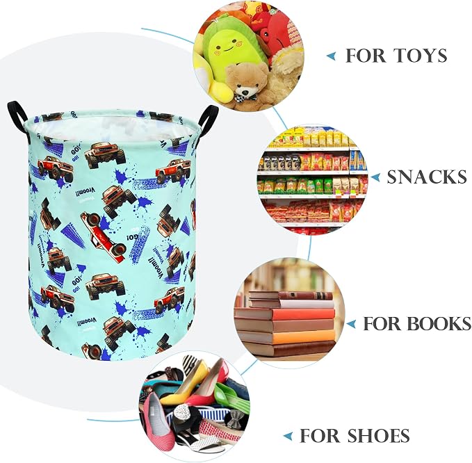 Round Car Truck Laundry Hamper Storage Basket Fabric Material Storage Hamper Organization Basket, Storage Bin, Gift Box with Handles for Room