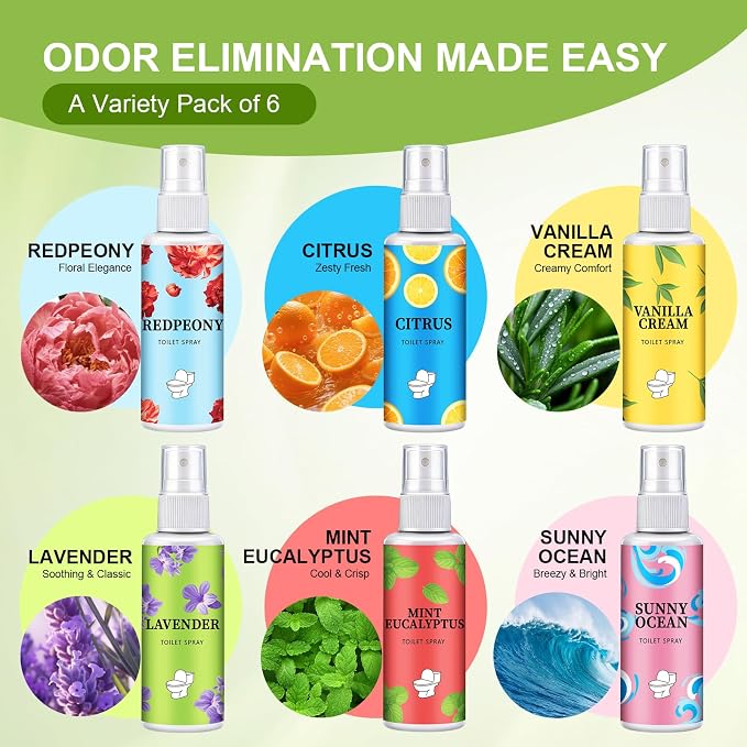 6 Pack Toilet Spray, Bathroom Odor Deodorizer with Essential Oil | Long Lasting Fragrance Room Spray Up to 400 Uses, Portable Air Freshener Travel Essentials Toiletries (Each 1.01Fl Oz)