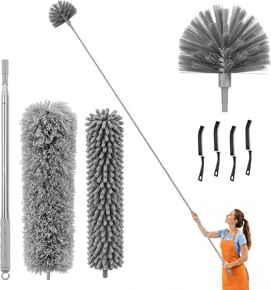 8-Piece Duster with Extension Pole, Cobweb Duster for High Ceiling | Spider web brush and gap cleaner for homes, apartments, fans, blinds, walls, furniture, cars and under appliances