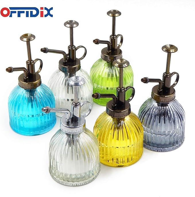 OFFIDIX Plant Mister Plant Water Spray Bottle, Vintage Style Gray 6.7 oz | Plant Misters with Bronze Plastic Top Pump Fine Mist One Hand Glass Small Watering Can for Indoor Plant 200 ml spray bottles