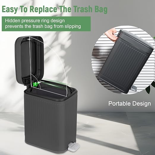 Small Bathroom Trash Can with Lid, 1.9 Gallon Slim Soft Close Step, Gray | Garbage Can with Pedal for Office, Bedroom, Kitchen & Living Room, Narrow Plastic Wastebasket Container for Small Spaces