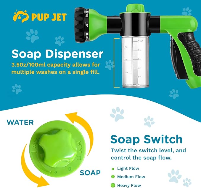 The Original Pup Jet Dog Washing Hose Attachment with Soap Dispenser | 8-in-1 Fur Sweep Shower Attachment & Shampoo Sprayer for Dog Wash, Bath and Grooming, Perfect Pet Care Indoor Outdoor