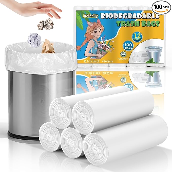 Biodegradable 1.2 Gallon Small Trash Bags - Unscented 100 Count Tiny Garbage Bag Bulk Clear White Strong Thick Compostable Scrap Bin Liners for Kitchen Office or Outdoor Garden Heihaily