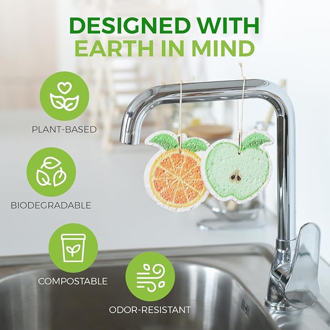 AIRNEX Biodegradable Cellulose Compressed Sponges Bulk - Fruit Shaped Kitchen Pack of 8 - Eco Friendly, Odor Free, Natural, Pop Up Compostable Scrubbers for Washing Dishes