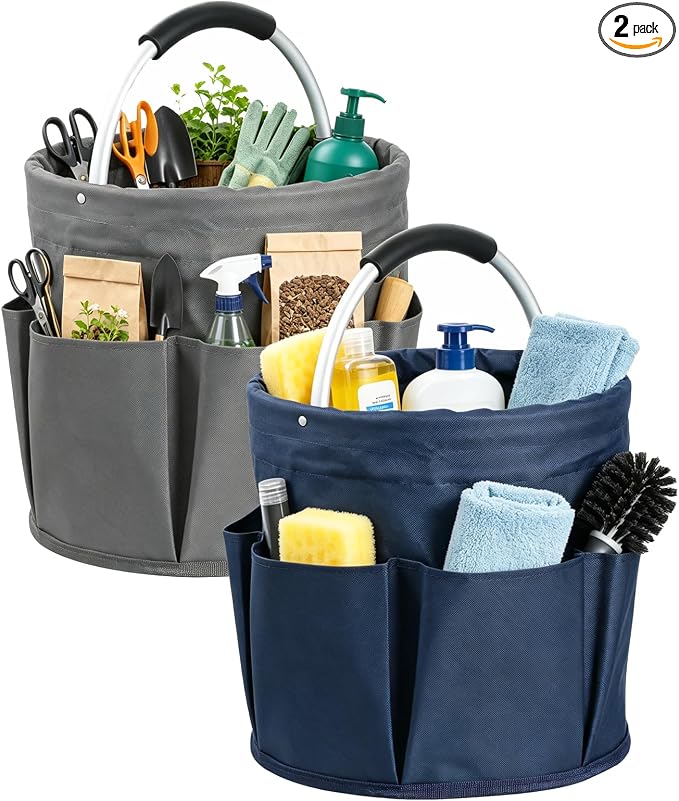 17L Cleaning Caddy for Cleaning Supplies, 2Pieces Portable Garden Tool Bag with 6 Pockets, Foldable Tool Bucket Organizer, Storage Basket for Bathroom, Garden, Dark Gray + Navy Blue