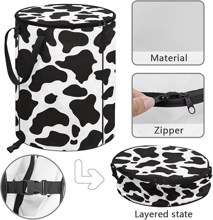Cow Print 24 Gallon Large Capacity Collapsible Trash Can with Lid and Handles Outdoor Camping Waster Bag Garden Leaf Bin/Laundry Hamper/Childrens Toy Bin