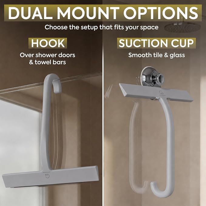 Shower Squeegee for Glass Doors, 10″ Gray with No-Drill J-Hook | Hang Anywhere Without Adhesive, Seamless One-Piece Silicone, Encased Steel Core, Streak-Free Shower Squeegee for Glass & Tile