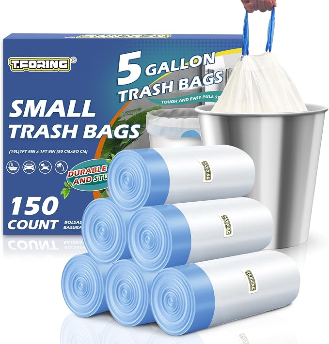 Small Trash Bags 5 Gallon Drawstring,1.1 Mil,Unscented,150 Count | Leakproof,Strong Plastic Garbage Can Liners,White,Fit 15 - 18 Liter Waste Bins,for Home Bathroom Office Car Everyday Use