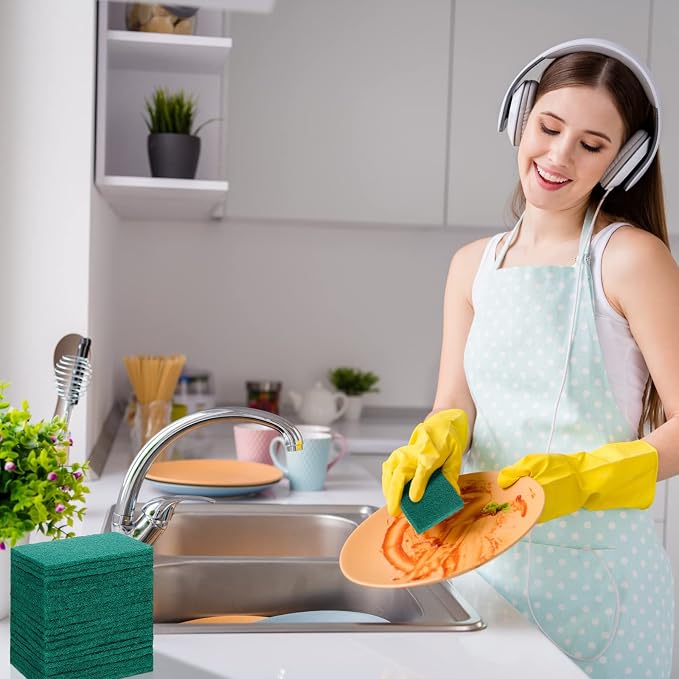 Hoolerry 100 Pcs Non Scratch Scouring Pads for Kitchen Dish,Green | Reusable Anti Grease Scrubbers, for Pan Metal Grills Cookware, Household Cleaning Dishwashing, 4.3 x 3 x 0.3 Inch Size