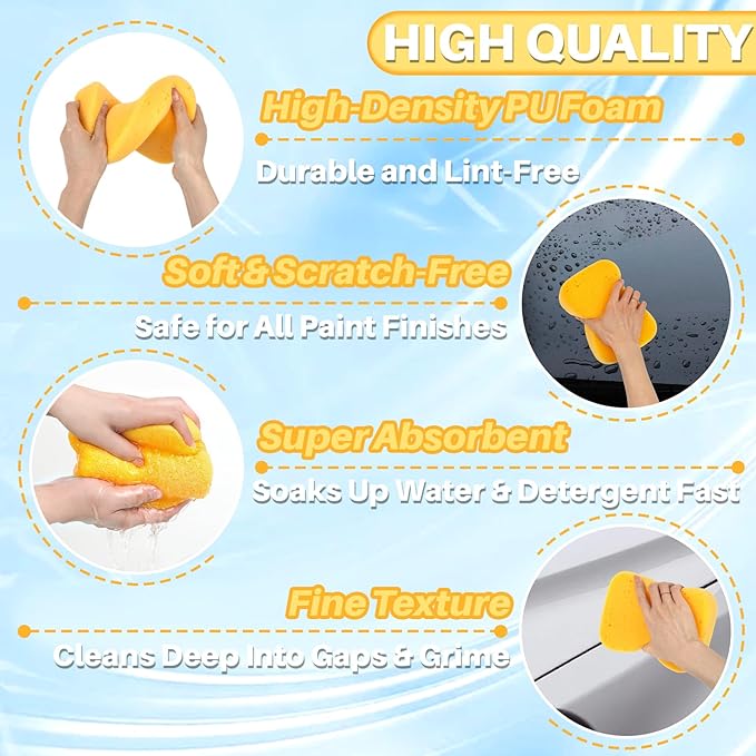 RAINFLOW Car Wash Sponge - 4PCS Large Sponge, Car Sponges for Washing | High Density Cleaning Sponges, Soft Foam Sponge for Auto Detailing, Vehicle Cleaning, Waxing, Scratch-Free & Super Absorbent
