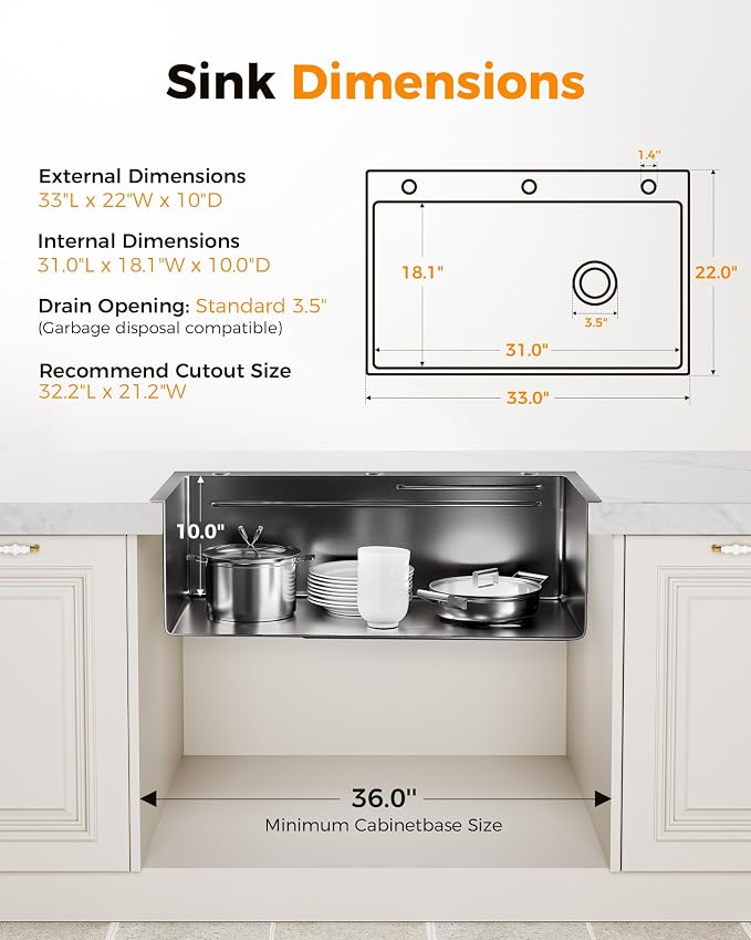 CAMMOO 33X22 Drop In Kitchen Sink, Nano 304 Stainless Steel Black Sink | Pop-Up Drain, Workstation Sink, Upgraded Fast Drain, Topmount Single Bowl with Accessories, Foldable Grid for Easy Cleaning