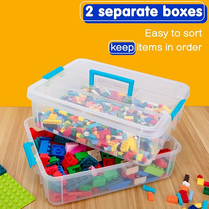 TERGOO 2 Layer Plastic Storage Containers with Lids, Multipurpose Clear Stack & Carry Box, Portable Craft Organizers and Storage Bin for Organizing Art & Craft, Sewing, Makeup, Nail Supplies (Blue)