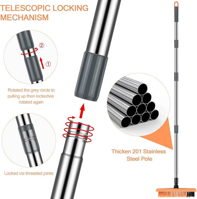 2 in 1 Floor Brush Scrubber with Long Handle Telescopic 3 Poles 61.8'' Grout Brush Scrape Stiff Bristle Cleaning Scrub Brush with Squeegee 180°Rotating Tile Brush for Cleaning Bathroom Glass Patio