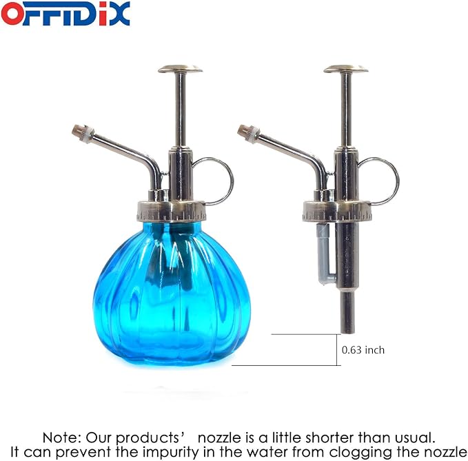OFFIDIX Glass Spray Bottle Blue Plant Mister Vintage Pumpkin Water Can6.7oz | Spritzer Bronze Plastic Top Pump, 6.3" Tall, 200ml One Hand Small Watering Can Mister for Plants, Fine Mist Spray Bottle