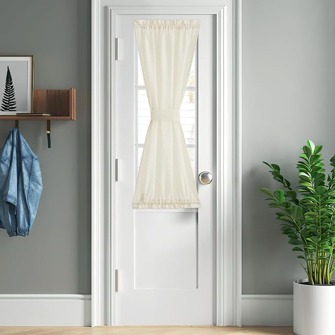 NICETOWN Off White Linen Door Curtain 50 inches Long for Half Window | Light Filtering, Rod Pocket with Tieback, Farmhouse French Door Shade for Front Back Window Cover, 1 Panel, Off White
