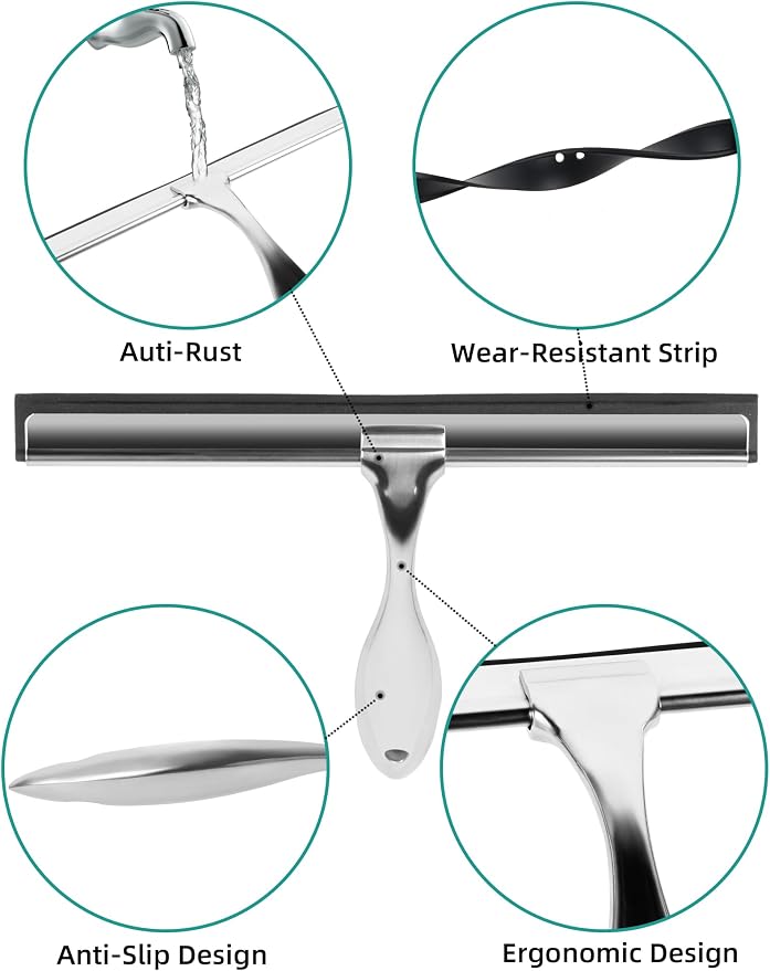 All-Purpose Stainless Steel Shower Squeegee Come with S Hook, 2 Square Sticky Hook 2 Rubber Strips Shower Squeegee for Glass Doors, Windows, Mirrors, Tiles and Car Glass -14 Inches Silver