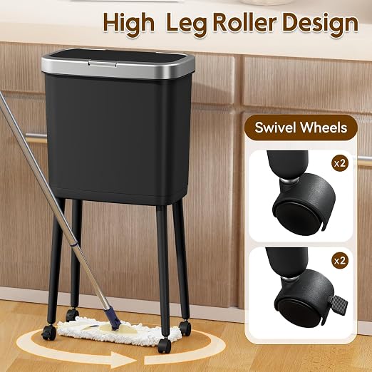 Laundry Waste Basket with Wheels and Lid, High Foot 4 Gallon Narrow Garbage Can with Silver Edge, Pop Up Lid Pet Waste Trash Can with Legs, Black Plastic Garbage Bin for Kitchen, Bedroom, Toilet