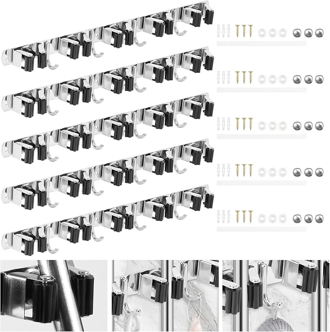 5 Pack Broom Holder Wall Mount, 5 Racks 4 Hooks, Stainless Steel | Anti Slip Storage Rack, Strong Load Bearing, Waterproof, Mop Organizer, For Bathroom Kitchen Garage