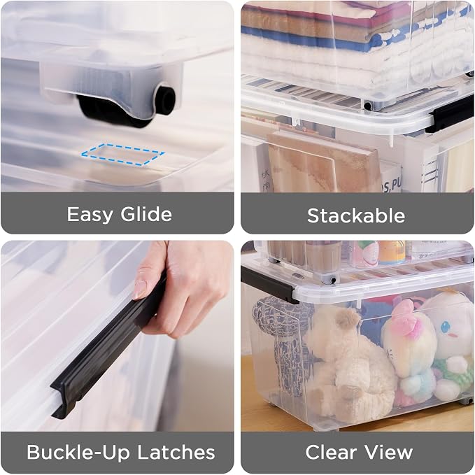 Citylife 54 Quart Large Clear Plastic Storage Bins with Lids 4-Pack | Stackable, Secure Latching Lids, Easy Find, Clothes Storage Bins for Closet Bedroom Garage