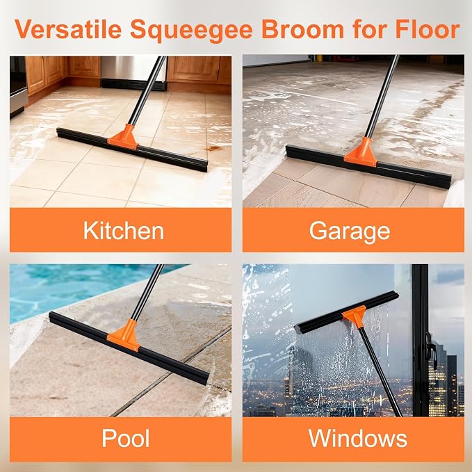 BUVE 18" Heavy Duty Floor Squeegee for Concrete Water Removal | Double-layer Rubber Wiper Broom|60" Long Metal Handle for Concrete Tile Garage Deck Bathroom Kitchen Pool|Orange