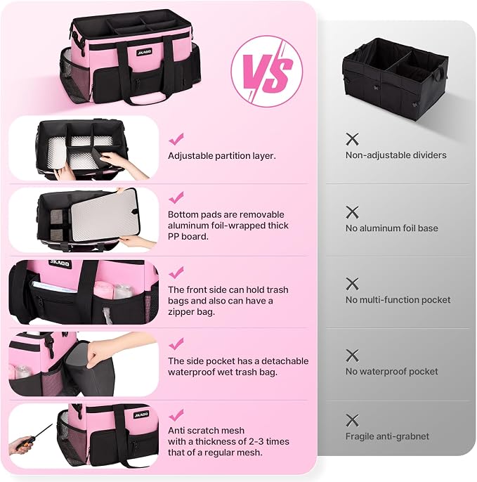 JKAOO Large Wearable Cleaning Caddy Bag with Handles, Pink | Adjustable Shoulder & Waist Straps, Removable, Waterproof Tote for Cleaning Supplies, Home, Car, Office