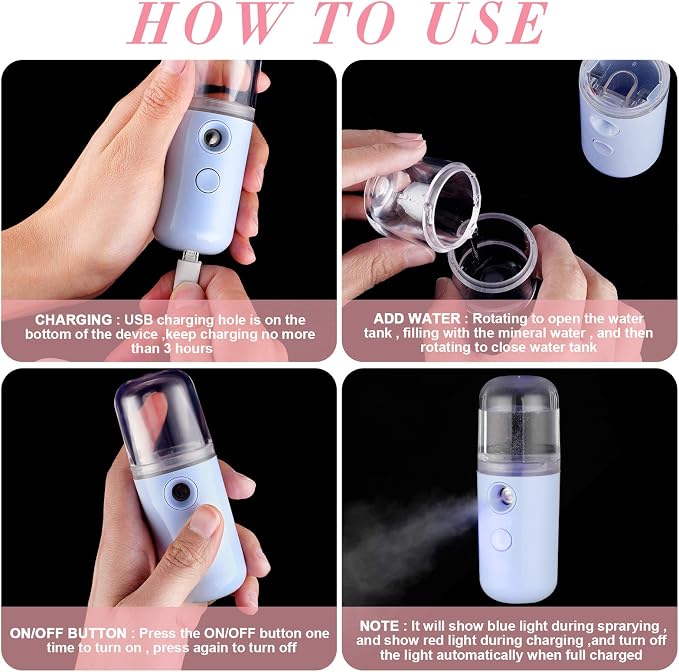 Honoson 2 Pack Nano Facial Mister for Lashes Sprayer,Blue and Dark Pink | USB Rechargeable Handheld Humidifier with Eyelash Extensions, 1 Oz Portable Sprayer Ideal for Makeup Skin Hydration