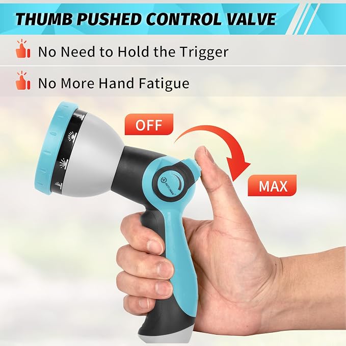 AUTOMAN Garden Hose Nozzle Sprayer - 10 Spray Patterns, High Pressure, Thumb Control On Off Valve, Metal Duty Water Nozzle, Extra 3 Washers, for Watering Garden, Cleaning, Washing Car, Showering Pets