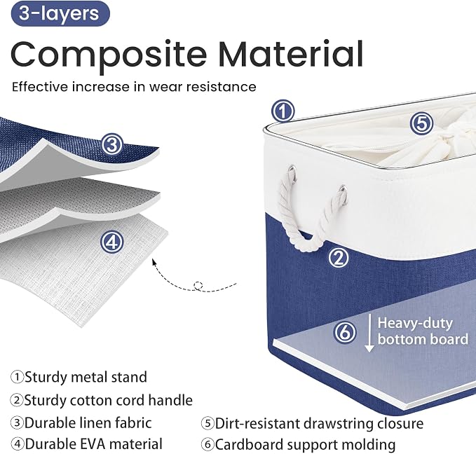16x12x12 In Foldable Fabric Large Storage Bins with Handle 1 Pack | Storage Basket with Draw String Top, Sturdy Metal Strand, Cardboard Support Molding, for Shelf, Closet, Bedroom, White/Blue