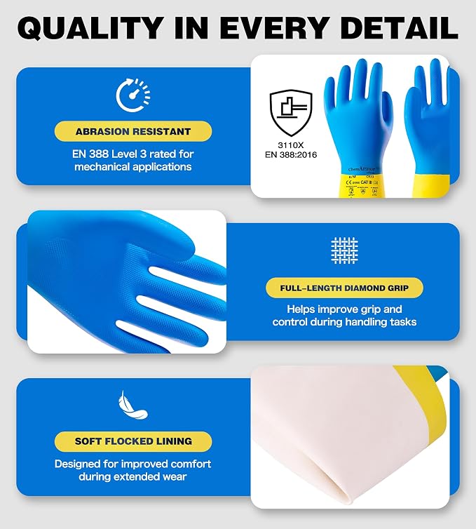 antools 2 Pairs Neoprene and Rubber Blend Heavy-Duty Chemical Gloves, Protective industrial gloves for Resist Acid, Alkali, Hazmat, cleaning, dishwashing, Medium