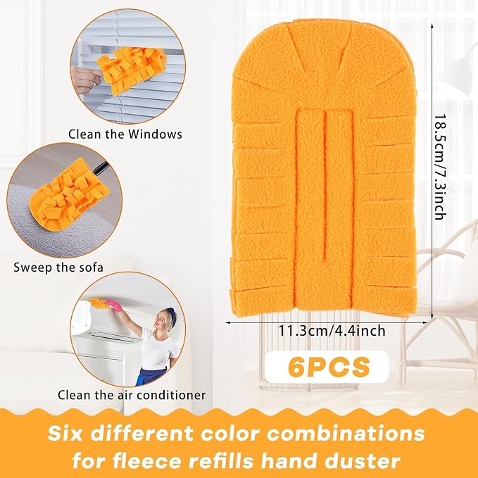 Zubebe 6 Pcs Reusable Duster Refills Fleece,Orange | Soft Polyester Fiber Flat Duster Refill Multi Surface Washable Cleaning Pad Tools for Home, Blinds, Car, Pet, Furniture, Fans