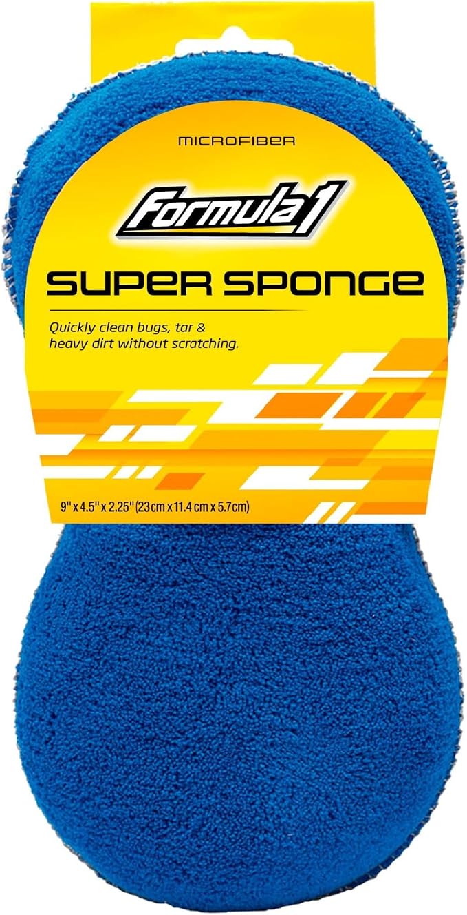 Formula 1 Super Car Wash Sponge, Two-Sided Microfiber with Mesh Scrubber | Scratch-Free Cleaning, Excellent Suds Retention, Ergonomic Grip, Durable & Long-Lasting Design