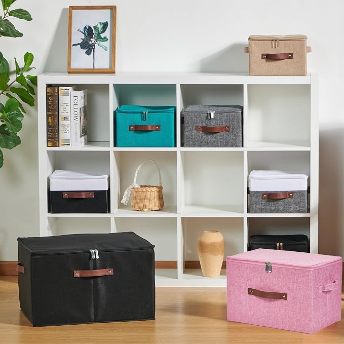 Storage Bins with Zipper Lids Decorative Lidded Baskets Boxes | Clothes Container, Closet Shelf Organizer, Foldable Washable, Cotton Linen Fabric, w/ PU Leather Handles, Pink, Large