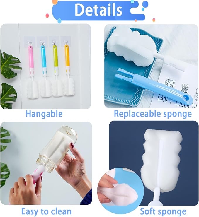 INVODA Cleaning Brush Set, 8PCS Portable Bottle & Nipple Brushes Sponge Material, Soft & Fluffy Texture, Comfortable Grip, Hanging Holes, BPA Free, Ideal for Baby Bottles & Cups