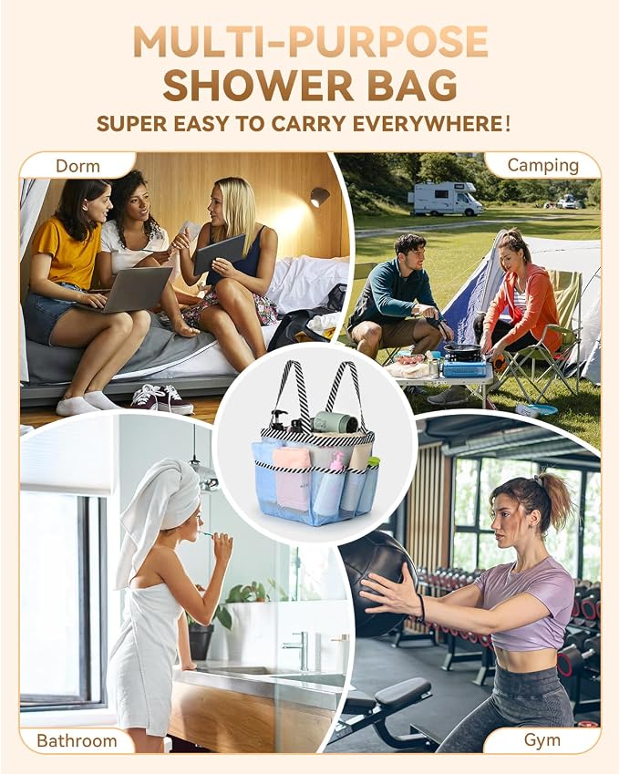 Temede Mesh Shower Caddy Portable for College Dorm Room Essentials | Large Capacity 8-Pocket Shower Tote Bag, Bathroom Organizer with Quick-Dry and Dual Handles for Dorm, Gym, Travel, Camping
