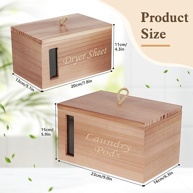 2 Pcs Laundry Pods Container & Dryer Sheet Holder with Window, Walnut Brown | Solid Pine Wood Laundry Organizer with Lid and Visible Window for Farmhouse Laundry Room Storage, Laundry Room Refresh