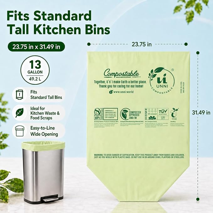 UNNI 13 Gallon Compostable Bags, 50 Count, 49.2 Liter, Extra Thick 0.9 Mil | Tall Kitchen Compost Bags for Pull-Out Food Scrap Bins, Wide Opening, Certified by BPI, CMA & OK compost HOME, ASTM D6400