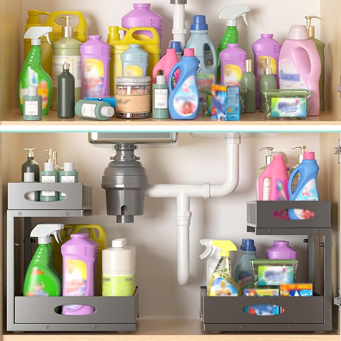 Under Sink Organizer, Extra-Wide Upgrade, 2-Pack of 2-Tier Metal Slide Out Cabinet Organizer, Height Adjustable Organization and Storage Series, Bathroom/Cabinet/Kitchen organization, Black