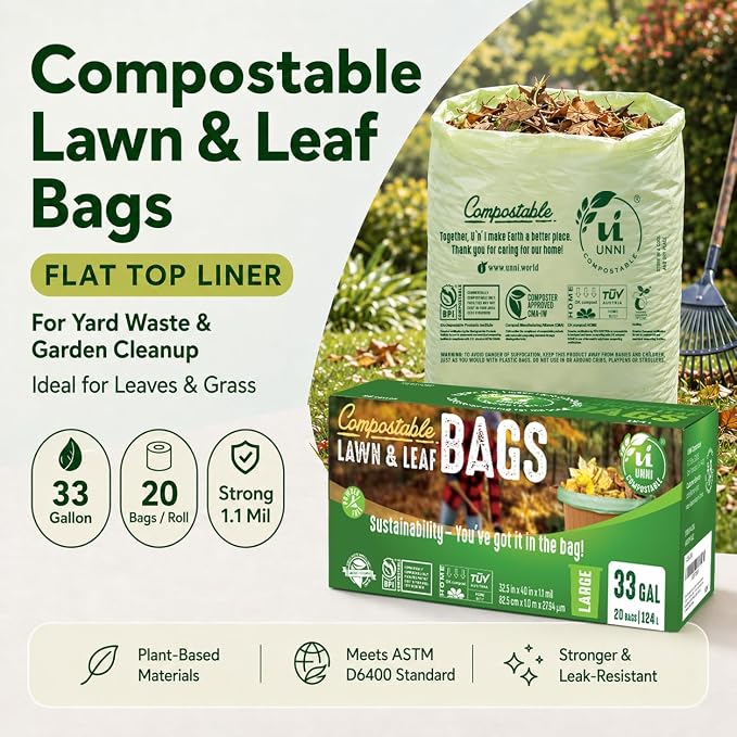 UNNI 30-33 Gallon Compostable Bags, 40 Count, 124 L, Extra Thick 1.1 Mil | Large Compost Bags for Lawn, Leaf & Yard Waste & Kitchen Organics, 2 Packs of 30, Certified by BPI, CMA & OK compost HOME